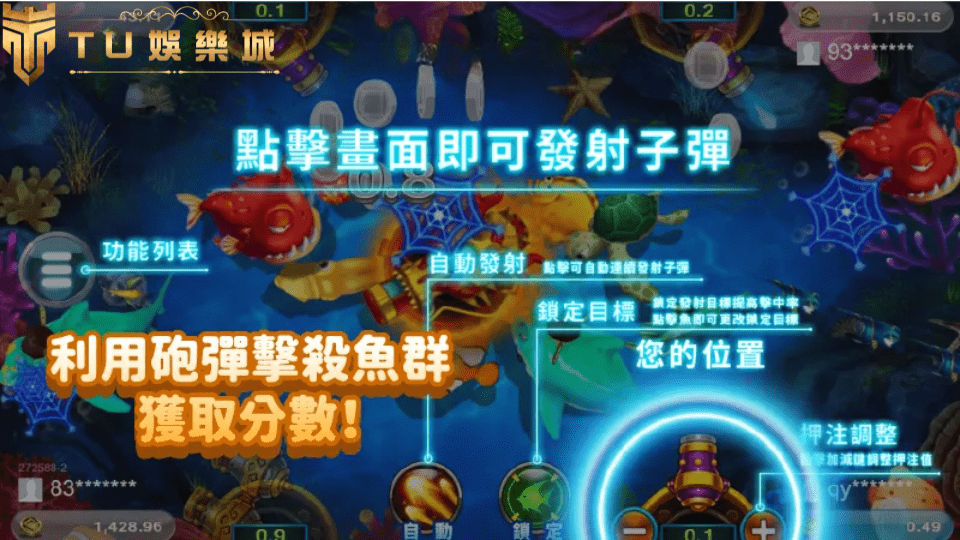 TU娛樂城海霸王捕魚機攻略2025|實測密技曝光,高手都靠這幾招出金! 1 TU娛樂城海霸王捕魚機遊戲畫面展示,玩家視角正對多彩的魚群與金幣砲塔介面,畫面上標示「點擊畫面立即發射子彈」與「利用砲彈擊殺魚群獲取分數」等操作提示,突顯玩法直覺與即時互動感。