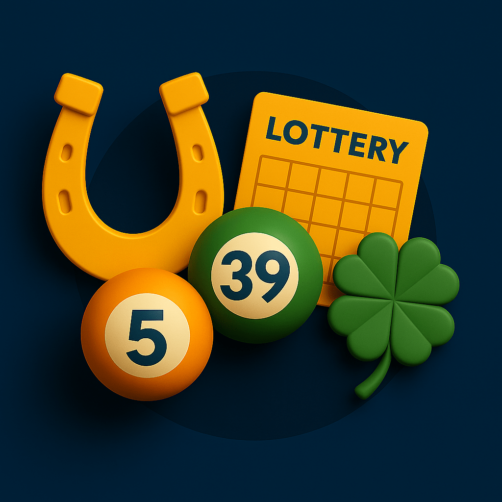 TU娛樂城539報牌高手養成計畫2025:從抓牌技巧到中獎實戰一次搞懂! 1 今彩539與幸運元素插圖,包含彩票球號碼、四葉幸運草與幸運馬蹄鐵,象徵中獎與好運。