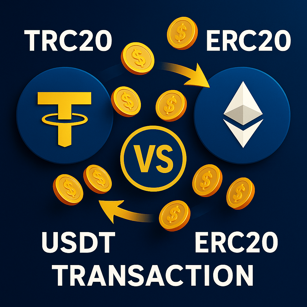 TU娛樂城 USDT儲值提款指南2025:TRC20 vs ERC20 完整解析!選錯鏈真的會血本無歸嗎? 1 比較TU娛樂城中TRC20 與 ERC20 的 USDT 交易差異,圖中以金幣、區塊鏈標誌與箭頭呈現兩者互動