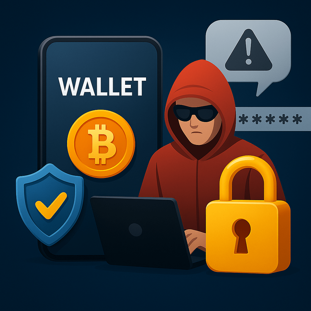 TU娛樂城熱錢包完整指南2025:推薦品牌、被盜應對 1 駭客試圖入侵熱錢包畫面,顯示比特幣符號、安全鎖與警示標誌,象徵使用TU娛樂城熱錢包需防範資安風險,強化私鑰保護與加密錢包安全性