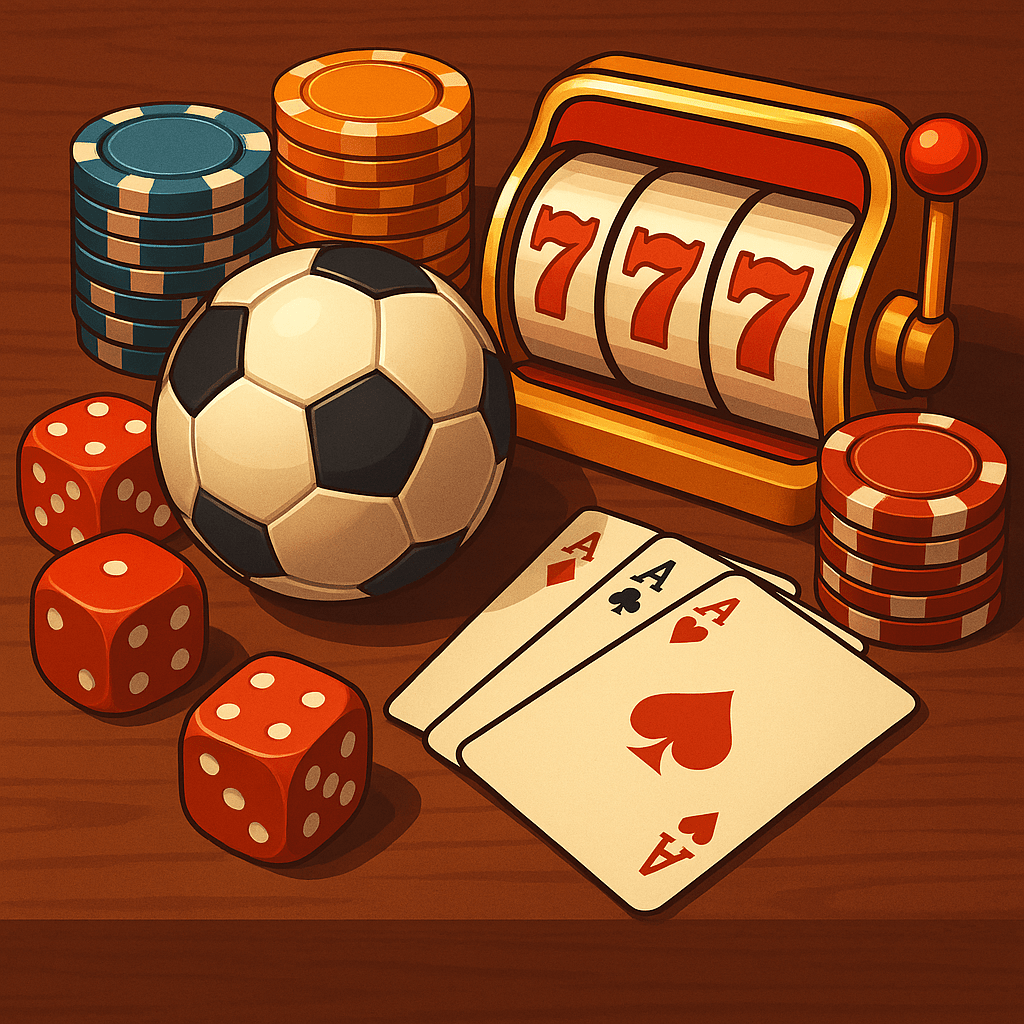 TU娛樂城2025完整娛樂城指南|常見問題一次搞懂! 1 各種TU娛樂城遊戲元素如撲克牌、老虎機、骰子、足球與籌碼擺放在木桌上,象徵線上博弈娛樂多元性。
